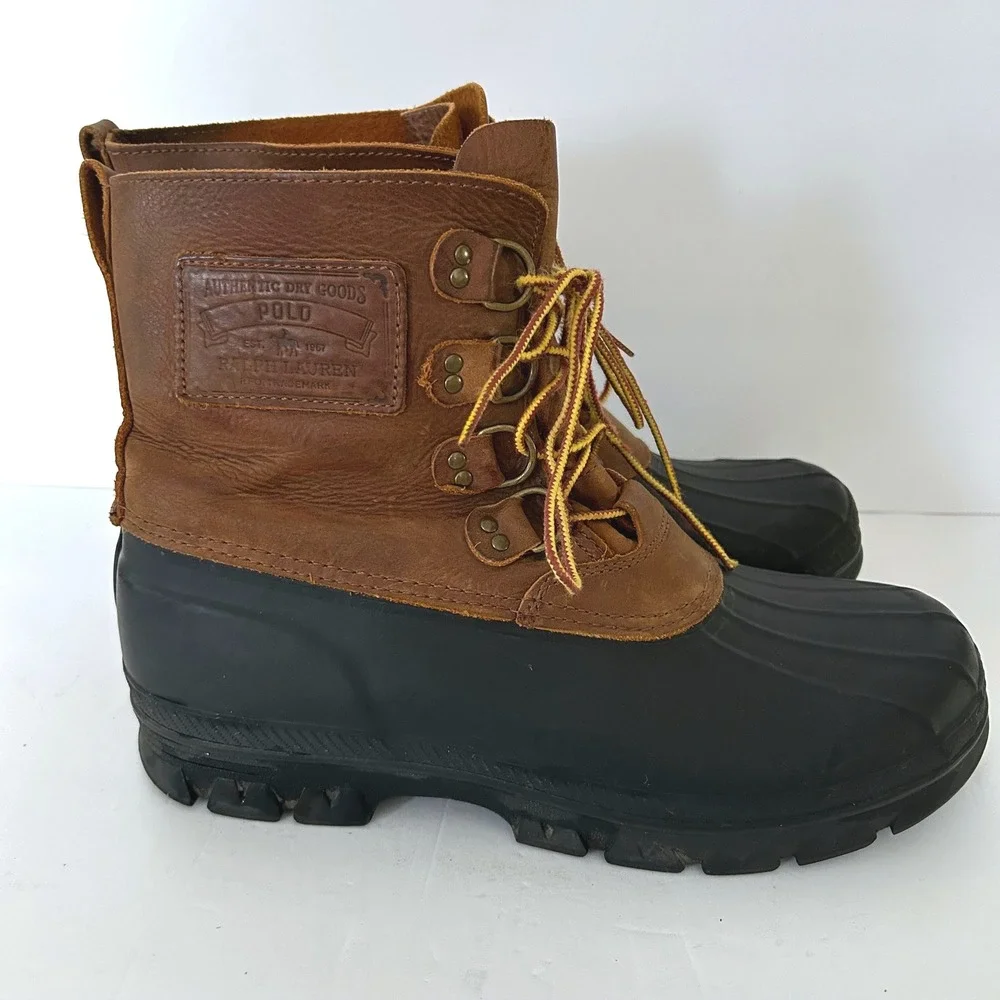 Polo Ralph Lauren Landen Duck Boots Mens 11 Brown Black Leather Rubber Rain Snow
